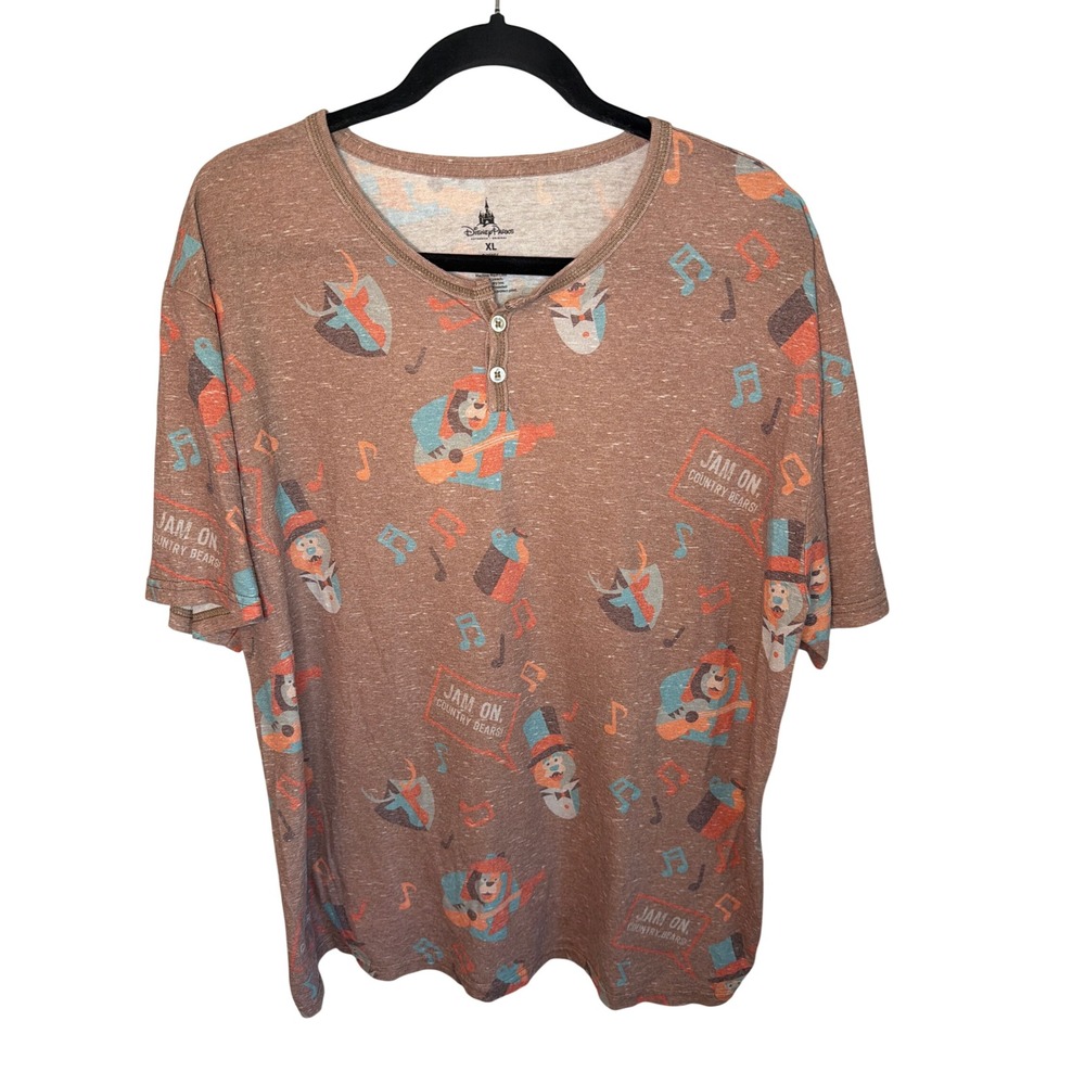 Disney Parks Country Bear Jamboree Henley Shirt Brown All Over Print Mens XL